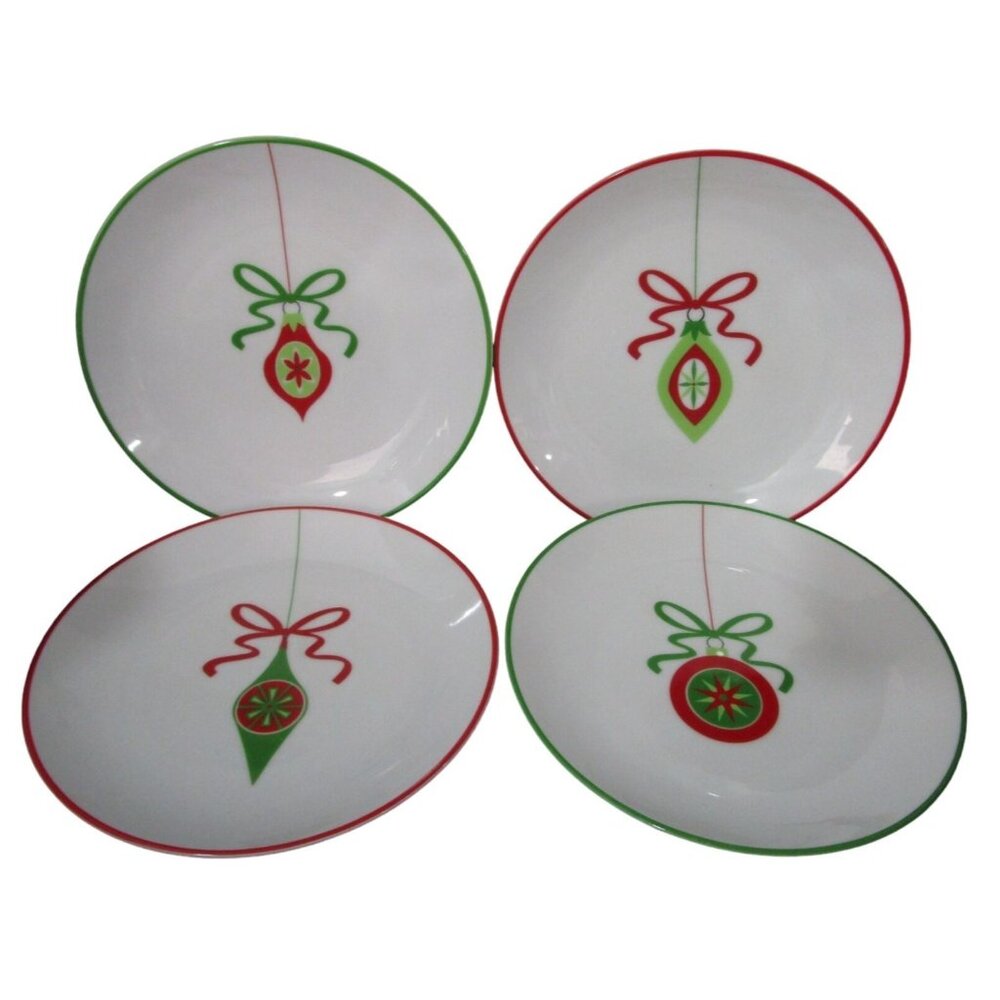 Crate & Barrel Christmas Ornament Luncheon Dessert Salad Plates Four EUC